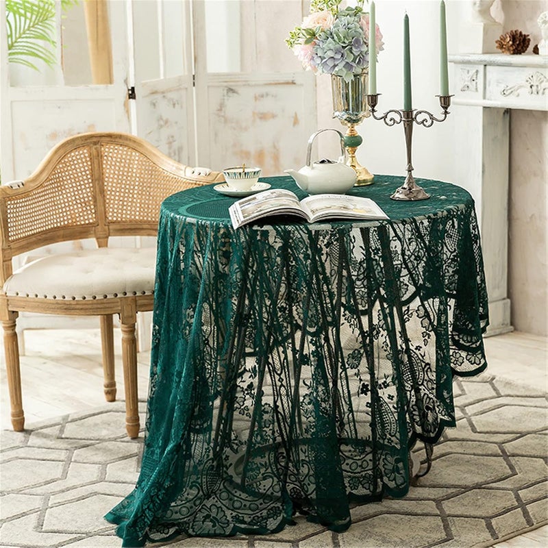 Fhberni Green Lace Tablecloth Embroidered Elegant Floral Patterns Table Cloth Round Overlay Table Cover for Wedding Party Holiday Long Dinner Home DecorRound60 Green - Image 2