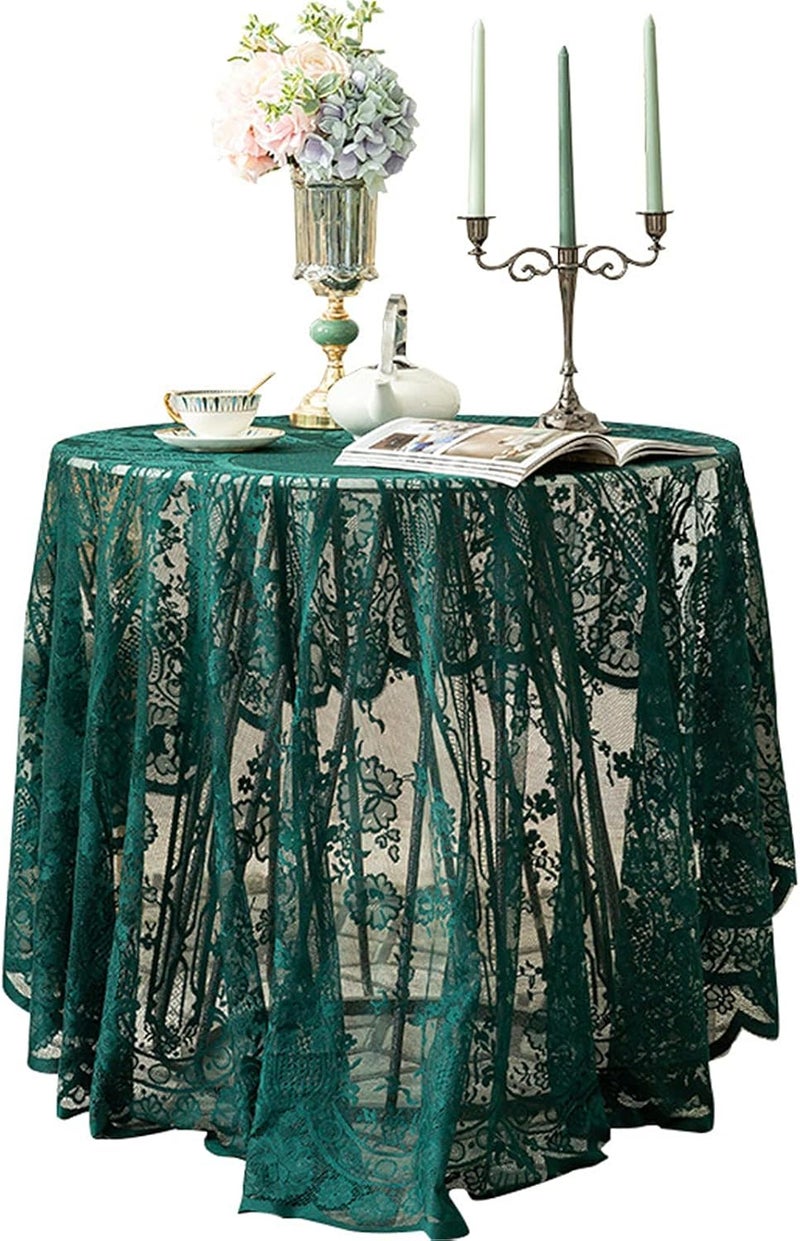 Fhberni Green Lace Tablecloth Embroidered Elegant Floral Patterns Table Cloth Round Overlay Table Cover for Wedding Party Holiday Long Dinner Home DecorRound60 Green - Image 1