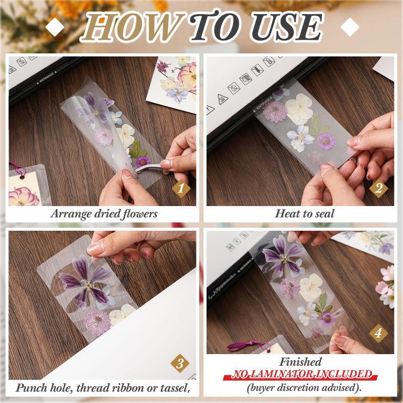 Fuyoooo 50 Pcs DIY Dried Flower Bookmark Making Kit, 3 Size Pressed Flower Transparent Bookmark Laminating Pouches Mom's Night Out Craft Valentines Wedding Gift for Women Book Lovers(Purple) - Image 3