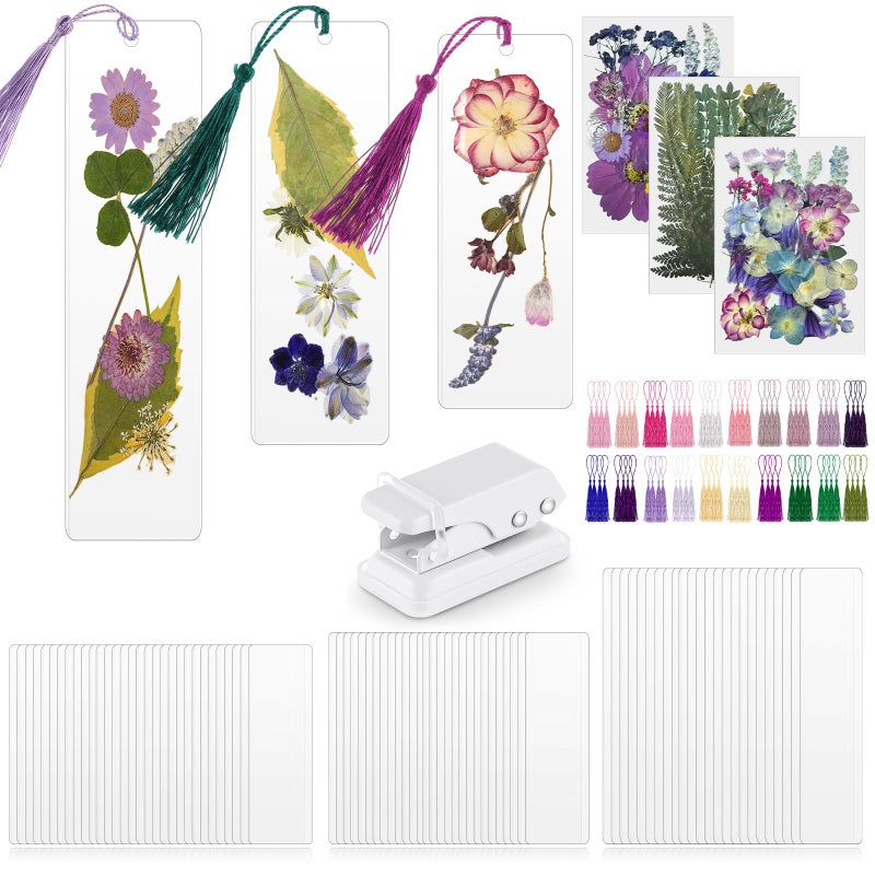 Fuyoooo 50 Pcs DIY Dried Flower Bookmark Making Kit, 3 Size Pressed Flower Transparent Bookmark Laminating Pouches Mom's Night Out Craft Valentines Wedding Gift for Women Book Lovers(Purple) - Image 1