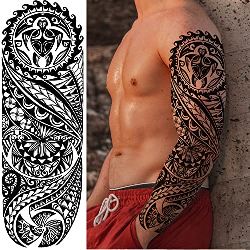 Briyhose Tribal Totem Temporary Tattoo Sleeve For Men Women Full Arm, Large Hawaiian Turtle Viking Tree Fake Tattoo Sticker Adult, Long Lasting Full Leg Temp Tatoo Polynesian Makeup Body Art, 4-Sheet - Image 3