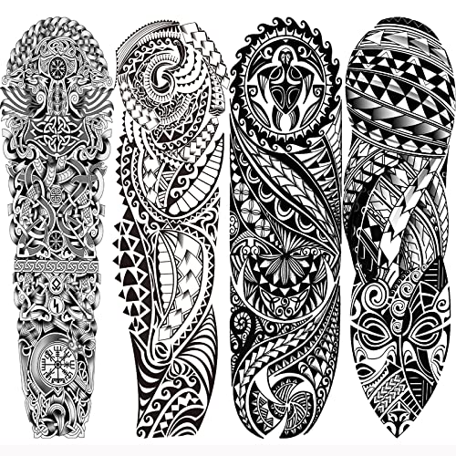 Briyhose Tribal Totem Temporary Tattoo Sleeve For Men Women Full Arm, Large Hawaiian Turtle Viking Tree Fake Tattoo Sticker Adult, Long Lasting Full Leg Temp Tatoo Polynesian Makeup Body Art, 4-Sheet - Image 1