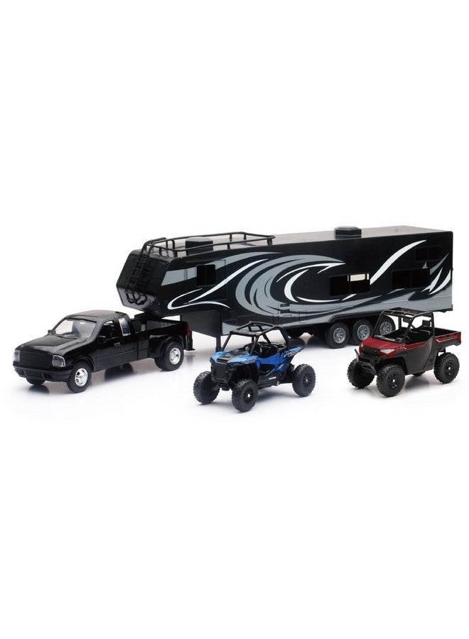 New-Ray New Ray Toys Die Cast Pick Up Truck With Toy Hauler And 2 Polaris Vehicles (Blue Rzr And Red Ranger) - Image 1