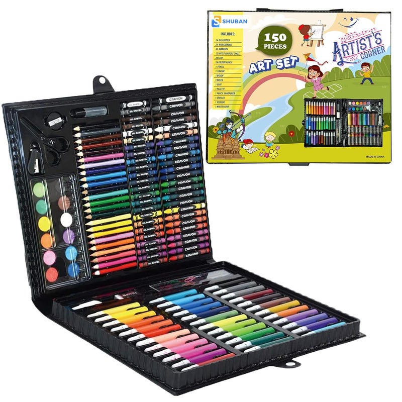 Shuban Deluxe 150-Piece Art Set & Drawing Kit - Perfect Christmas and Rakhi Gift - Includes Crayons, Oil Pastels, and Colored Pencils Other Stationary Item (Black Box) - Image 1
