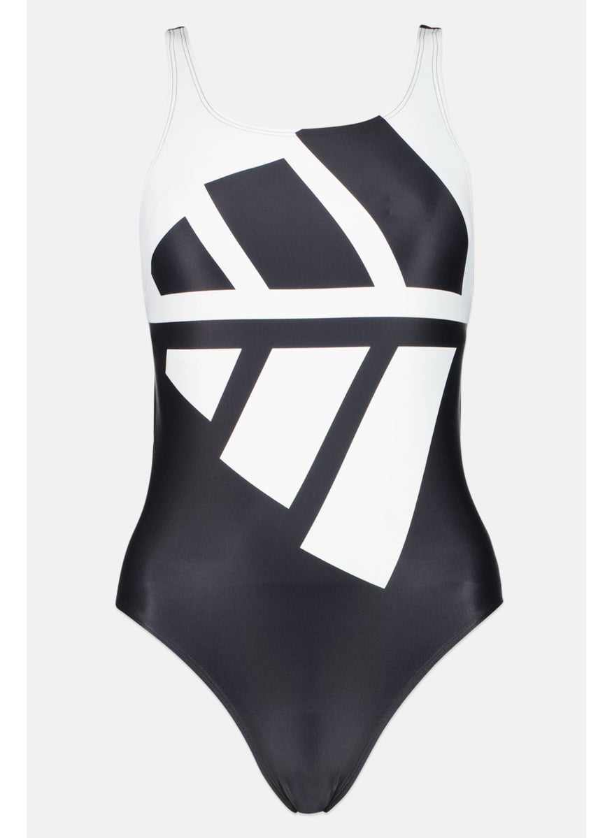 Adidas Women Padded Sleeveless Brand Logo One Piece Swimsuit, Black/White  - Image 1