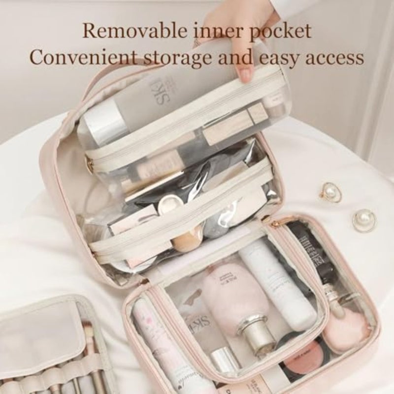Multi-Compartment Toiletry Cosmetics Bag, Travel Makeup Bag, Toiletry Cosmetics Bag, PU Leather Portable Large Toiletry Bag with Compartments, Portable Cosmetic Travel Bag - Image 4