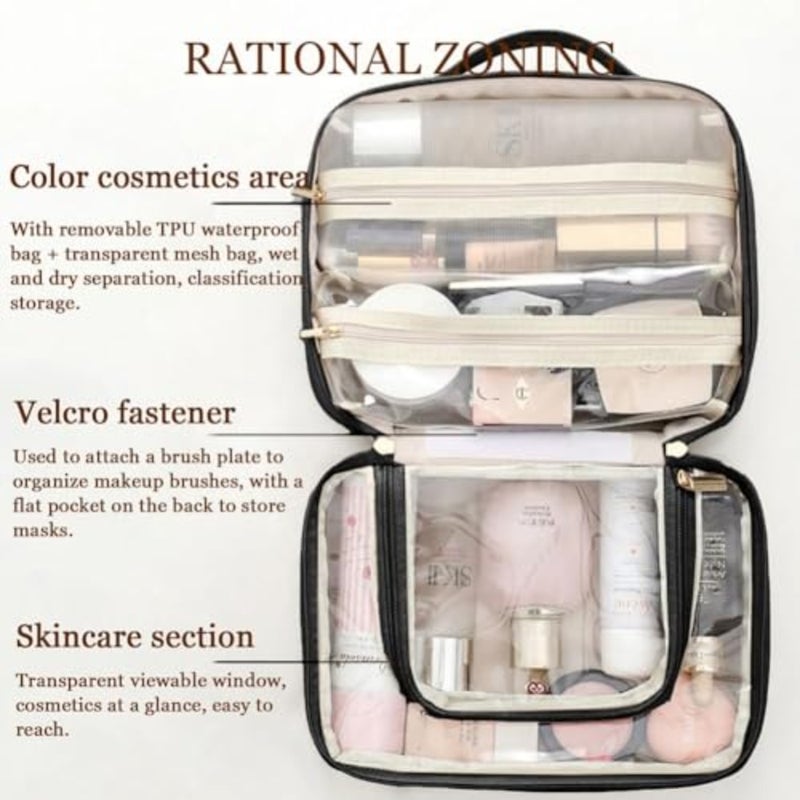 Multi-Compartment Toiletry Cosmetics Bag, Travel Makeup Bag, Toiletry Cosmetics Bag, PU Leather Portable Large Toiletry Bag with Compartments, Portable Cosmetic Travel Bag - Image 2