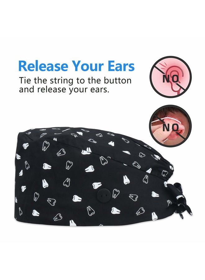 QBA Adjustable Working Cap with Button，Satin Lined Hat, Cotton Working Hat Sweatband, Elastic Bandage Tie Back Hats for Women & Men, One Size, Lining Tooth BLK, #Satin-lined Tooth Blk, One size - Image 4