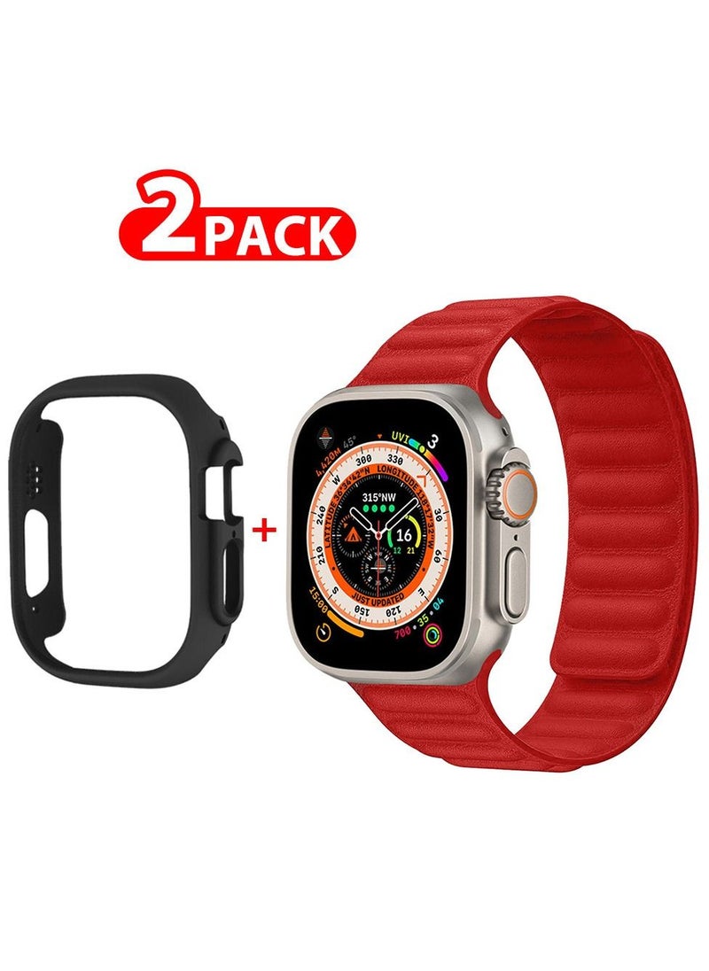 CATANES 2 Packs For Apple Watch Band 49mm Leather Link Strap Magnetic Loop Bracelet and Black Cup Holder Red  - Image 1