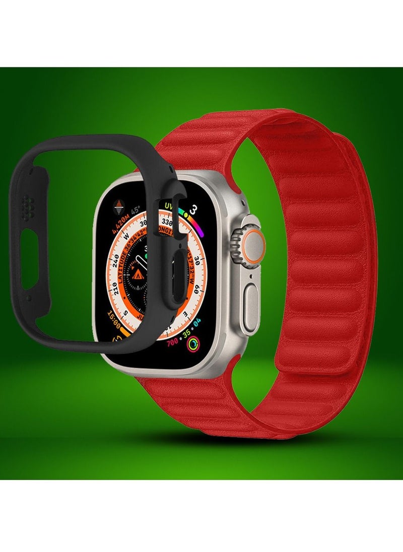 CATANES 2 Packs For Apple Watch Band 49mm Leather Link Strap Magnetic Loop Bracelet and Black Cup Holder Red  - Image 2