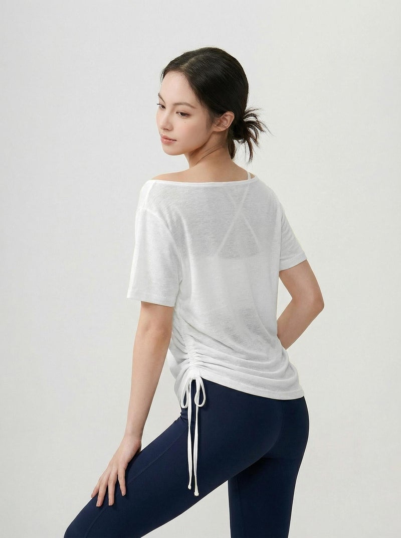 Lu Chuan Luchuan Boat Neck Off-Shoulder Loose Yoga Cover-Up Top Solid Color Summer Casual Athletic Tee for Women - Image 4