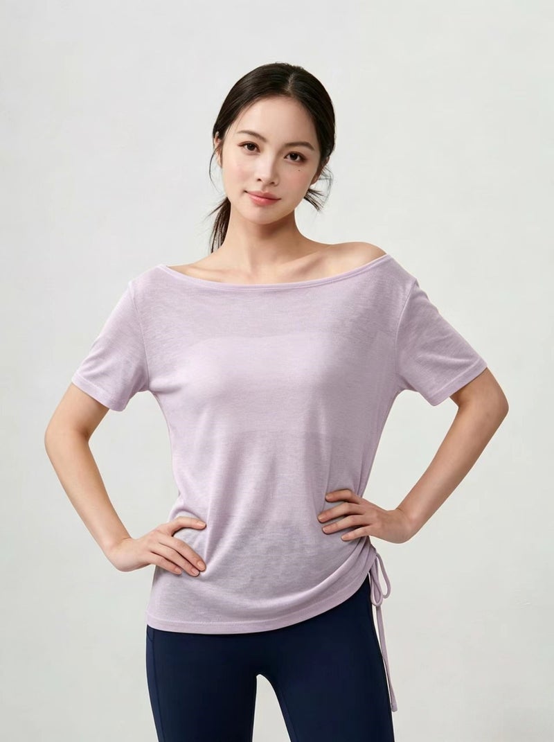 Lu Chuan Luchuan Boat Neck Off-Shoulder Loose Yoga Cover-Up Top Solid Color Summer Casual Athletic Tee for Women - Image 1