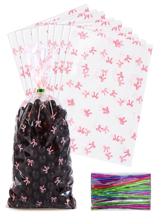 SOMIOCO Clear Gift Bags 6X11In 100PCS Cello Cellophane Treat Bags Party Favor Bags Clear Candy Cookie Bags Plastic Poly Goodie Bags with Twist Tie (Pink Bow Ties) - Image 1