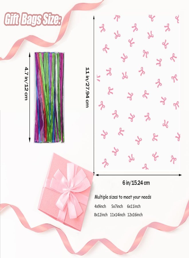 SOMIOCO Clear Gift Bags 6X11In 100PCS Cello Cellophane Treat Bags Party Favor Bags Clear Candy Cookie Bags Plastic Poly Goodie Bags with Twist Tie (Pink Bow Ties) - Image 2