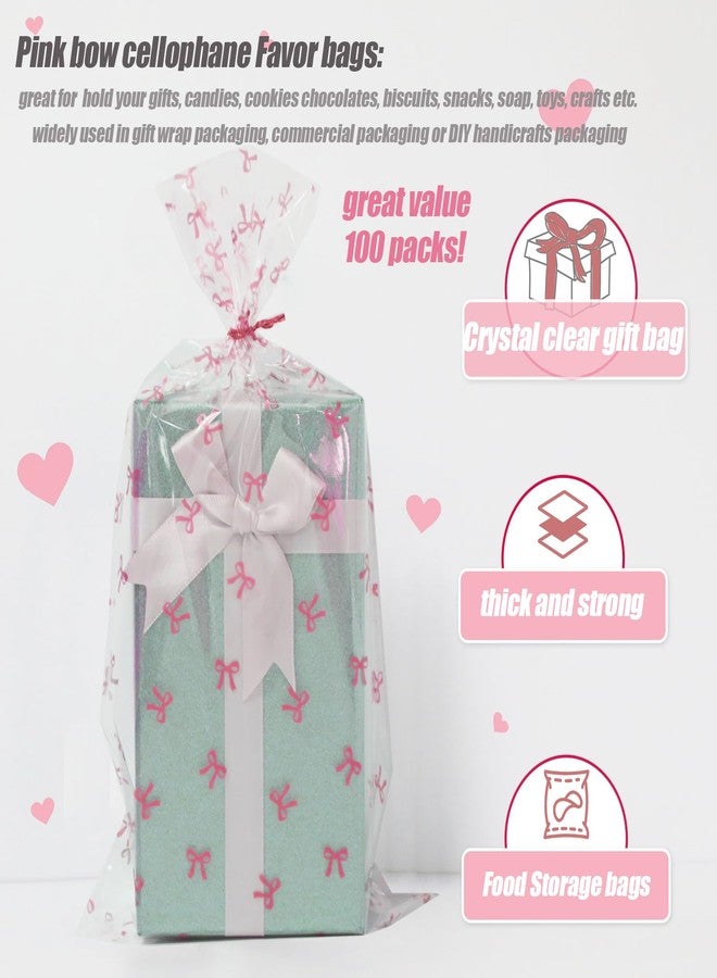 SOMIOCO Clear Gift Bags 6X11In 100PCS Cello Cellophane Treat Bags Party Favor Bags Clear Candy Cookie Bags Plastic Poly Goodie Bags with Twist Tie (Pink Bow Ties) - Image 3