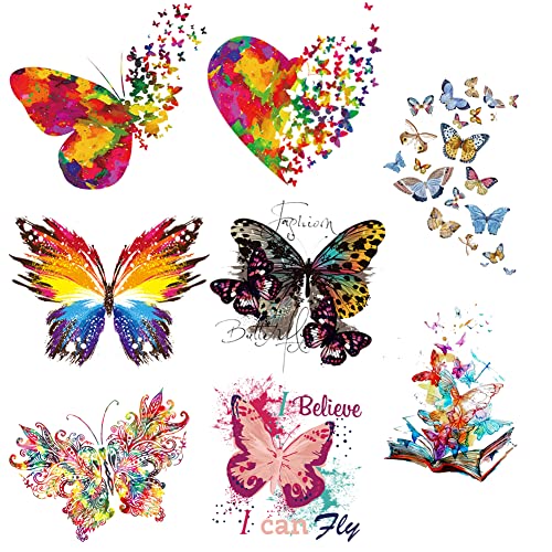 Lockban 8 Large Sheets Colorful Butterfly Iron on Stickers Patches Cute Flying Animal Heat Transfer Stickers Decals DIY T-Shirt Jeans Backpacks Families Clothing Hat Decoration Applique - Image 1