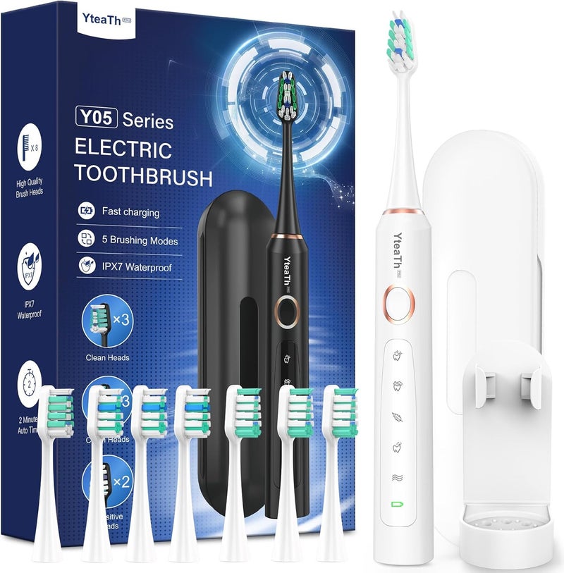 YTEATH PRO Electric Sonic Toothbrush for Adults, Electric Toothbrush with 8 Heads and Travel Case, 5 Modes, IPX7 Waterproof, Electric Ultrasonic Toothbrush, Ivory - Image 1