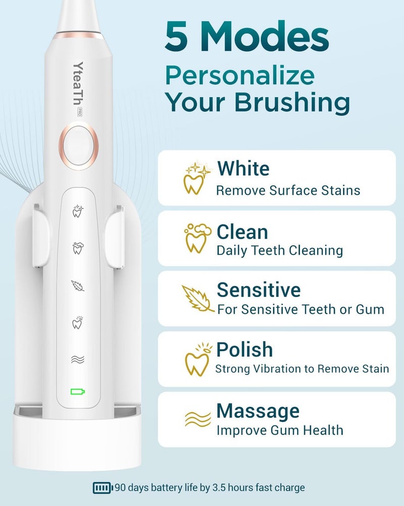 YTEATH PRO Electric Sonic Toothbrush for Adults, Electric Toothbrush with 8 Heads and Travel Case, 5 Modes, IPX7 Waterproof, Electric Ultrasonic Toothbrush, Ivory - Image 3