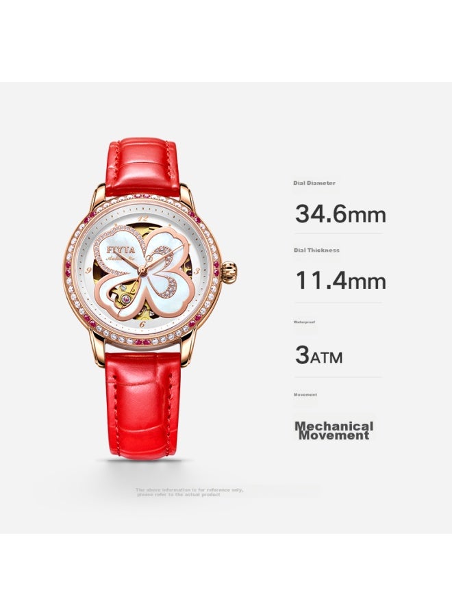 Fiyta Four-leaf Clover Series, Gao Yuan Yuan's Style, Mother-of Skeleton Dial Leather Strap Mechanical Watch, Holiday Gift For Wife - Image 5