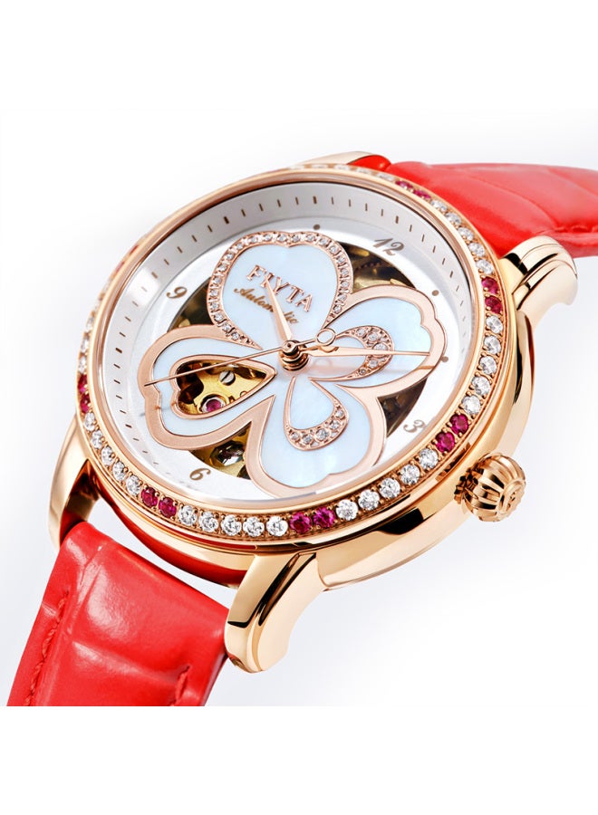 Fiyta Four-leaf Clover Series, Gao Yuan Yuan's Style, Mother-of Skeleton Dial Leather Strap Mechanical Watch, Holiday Gift For Wife - Image 4