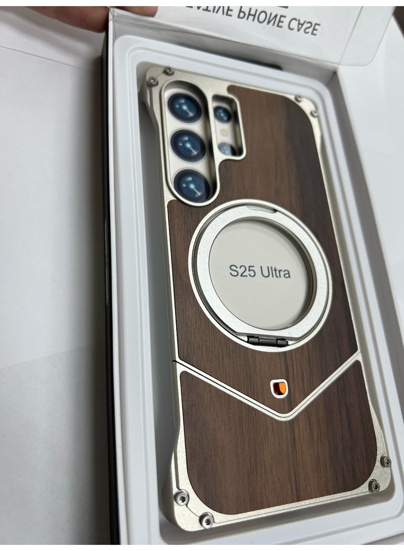 Raxoom Wood Metal Frame Case Cover Compatible for Samsung Galaxy S25 Ultra | Titanium-Walnut Brown - Image 2