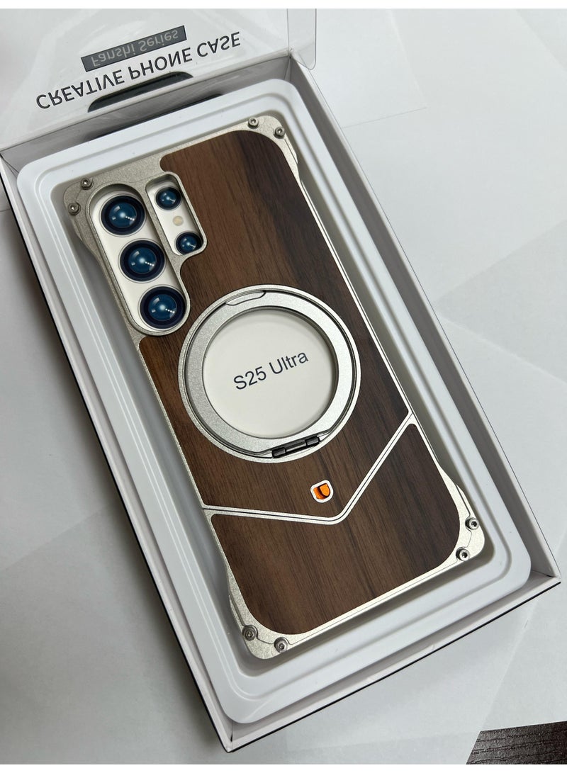 Raxoom Wood Metal Frame Case Cover Compatible for Samsung Galaxy S25 Ultra | Titanium-Walnut Brown - Image 1