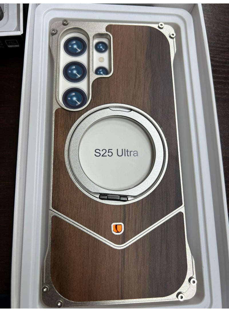 Raxoom Wood Metal Frame Case Cover Compatible for Samsung Galaxy S25 Ultra | Titanium-Walnut Brown - Image 4