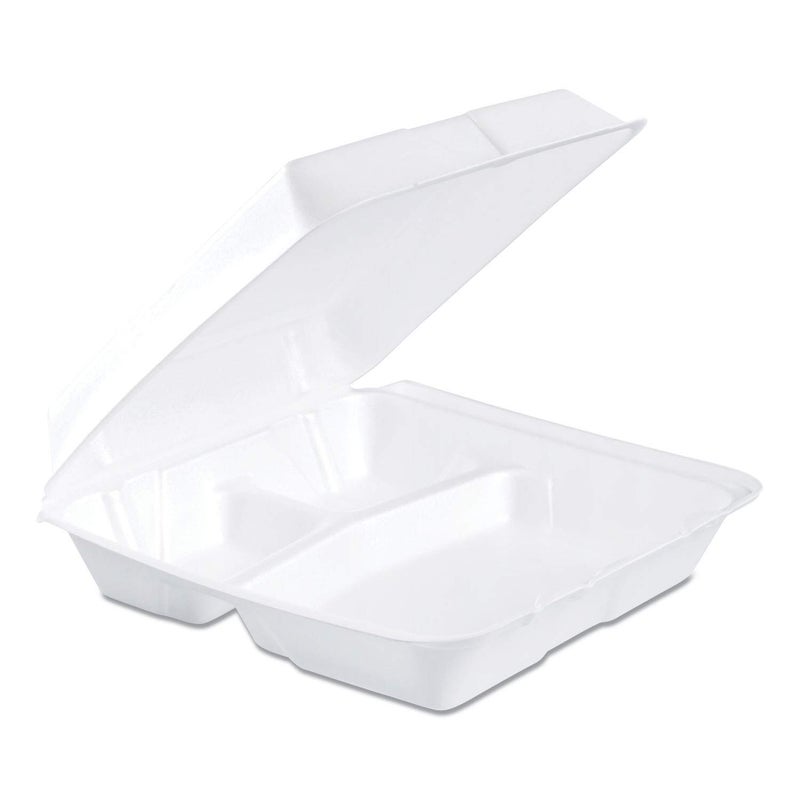 Dart 95HT3R 925 in x 95 in x 3 in 3Compartment Foam Hinged Lid Containers White 200Carton