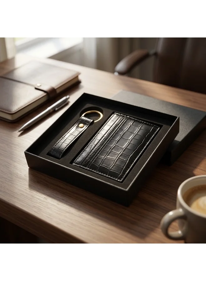 Mobcos Crocodile Black Premium Leather Card Holder & Keychain Gift Set for Men, Slim RFID Wallet, Crocodile Pattern PU Leather Card Case with Matching Key Ring, Luxury Gift Box Black  | Best Price UAE