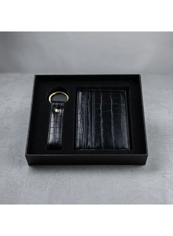 Mobcos Crocodile Black Premium Leather Card Holder & Keychain Gift Set for Men, Slim RFID Wallet, Crocodile Pattern PU Leather Card Case with Matching Key Ring, Luxury Gift Box Black  | Best Price UAE