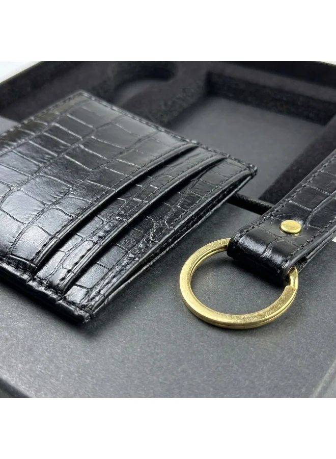 Mobcos Crocodile Black Premium Leather Card Holder & Keychain Gift Set for Men, Slim RFID Wallet, Crocodile Pattern PU Leather Card Case with Matching Key Ring, Luxury Gift Box Black  | Best Price UAE