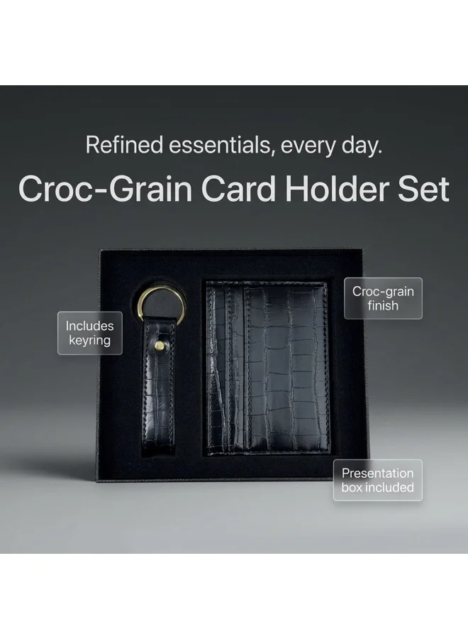 Mobcos Crocodile Black Premium Leather Card Holder & Keychain Gift Set for Men, Slim RFID Wallet, Crocodile Pattern PU Leather Card Case with Matching Key Ring, Luxury Gift Box Black  | Best Price UAE