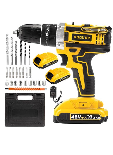 48V Cordless Drill,Variable 2 Speed, LED Light, Power Drill Kit with 2 Lithium Ion Battery and Charger, Electric Drill with Variable Speed for Home DIY and Repair,Drill/Driver Accessories Kit