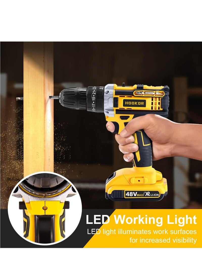 48V Cordless Drill,Variable 2 Speed, LED Light, Power Drill Kit with 2 Lithium Ion Battery and Charger, Electric Drill with Variable Speed for Home DIY and Repair,Drill/Driver Accessories Kit