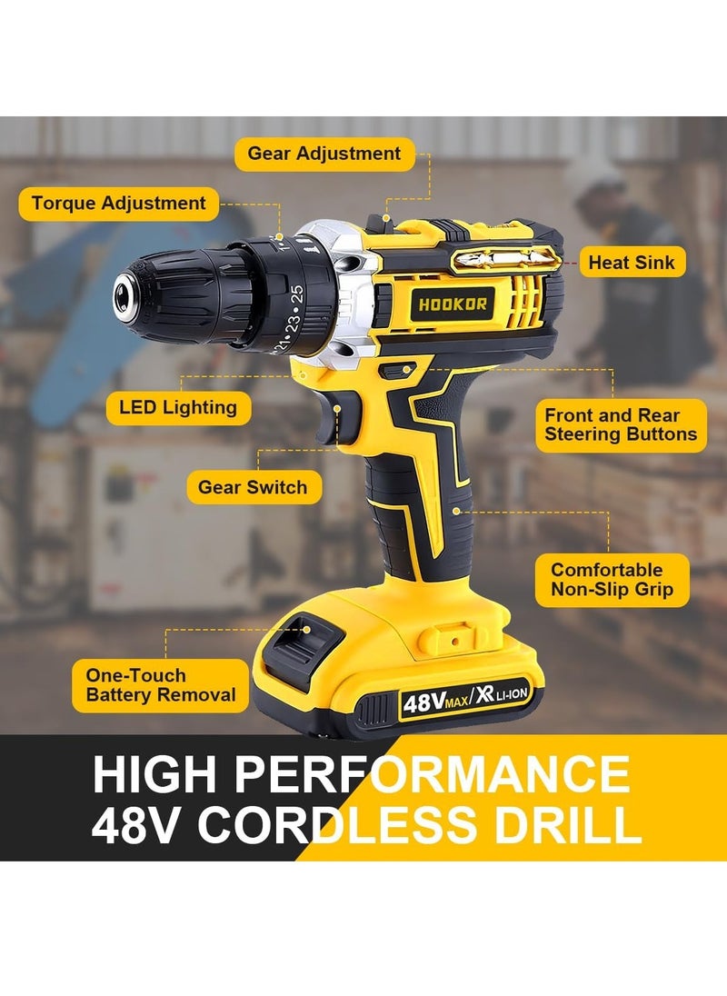 48V Cordless Drill,Variable 2 Speed, LED Light, Power Drill Kit with 2 Lithium Ion Battery and Charger, Electric Drill with Variable Speed for Home DIY and Repair,Drill/Driver Accessories Kit