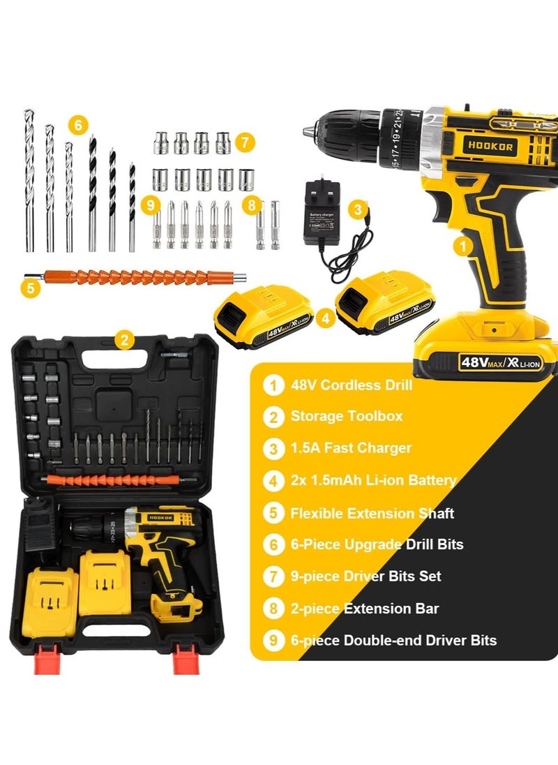48V Cordless Drill,Variable 2 Speed, LED Light, Power Drill Kit with 2 Lithium Ion Battery and Charger, Electric Drill with Variable Speed for Home DIY and Repair,Drill/Driver Accessories Kit