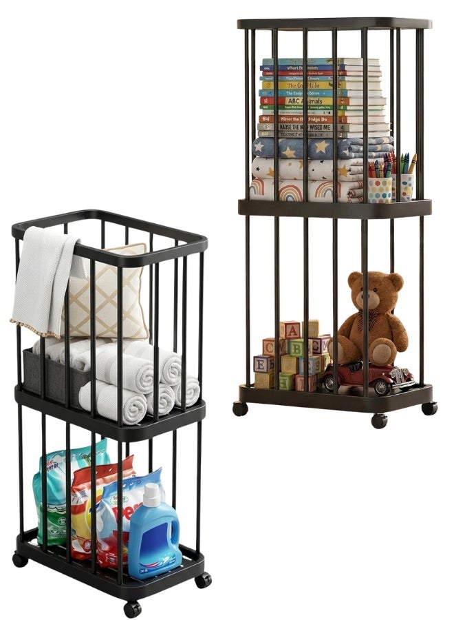 2 tiers Large Multi-purpose Toy Organizer Trolley with Wheels | Stackable Multilayer Cart |  Rolling Storage Rack for Kids Room & Home Accessories |Space Saving Multipurpose Stand-(88×43×26CM) large storage cart for dirty clothes, yoga mats, massage rollers, towels and blankets-Black - Image 1