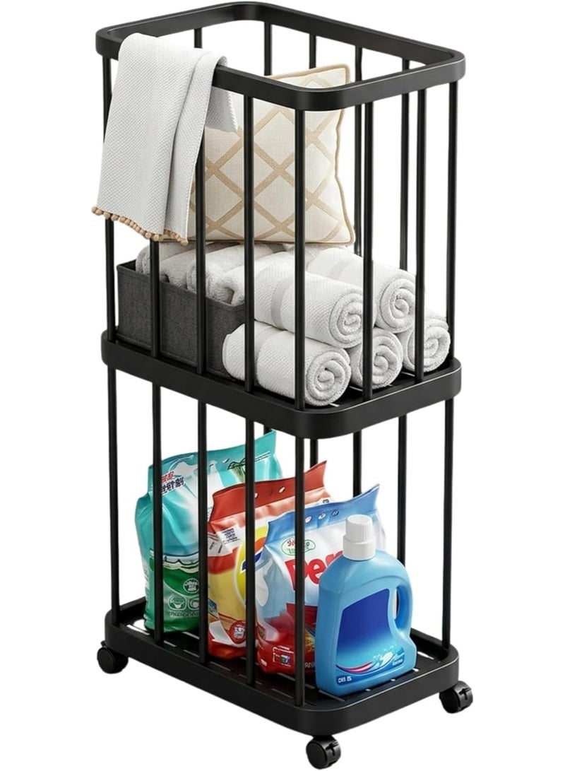 2 tiers Large Multi-purpose Toy Organizer Trolley with Wheels | Stackable Multilayer Cart |  Rolling Storage Rack for Kids Room & Home Accessories |Space Saving Multipurpose Stand-(88×43×26CM) large storage cart for dirty clothes, yoga mats, massage rollers, towels and blankets-Black - Image 2