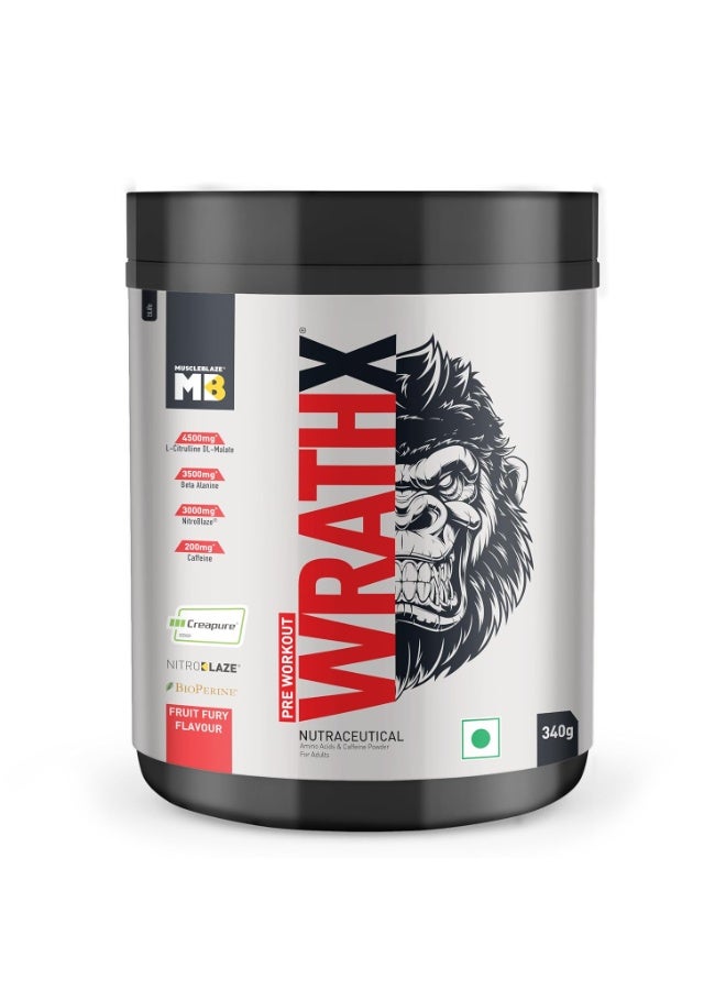 MuscleBlaze Pre Workout Wrathx Powder, Fruit Fury (20 Servings, 340g) - Image 1