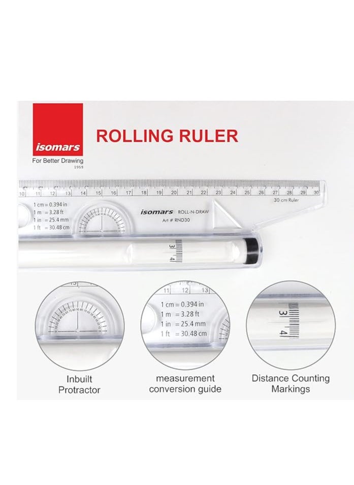 Isomers 12 Inch Measuring Rolling Ruler Plastic Multifunctional Drawing Parallel Rolling Ruler Circle Arc Drawing Design Rulers for Drawing Parallel Lines Circles  - Image 2