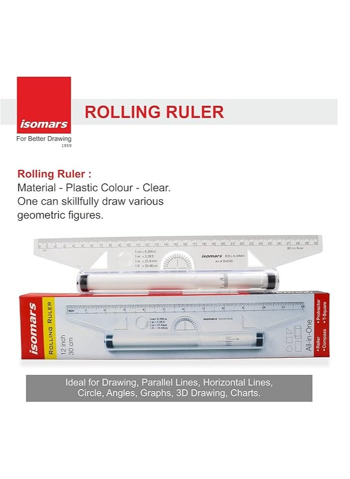 Isomers 12 Inch Measuring Rolling Ruler Plastic Multifunctional Drawing Parallel Rolling Ruler Circle Arc Drawing Design Rulers for Drawing Parallel Lines Circles  - Image 3