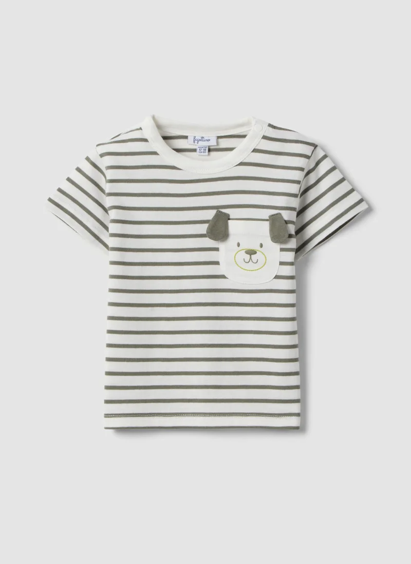 او في اس OVS Boys Pure Cotton Multicolour Striped T-Shirt With Dog Pocket