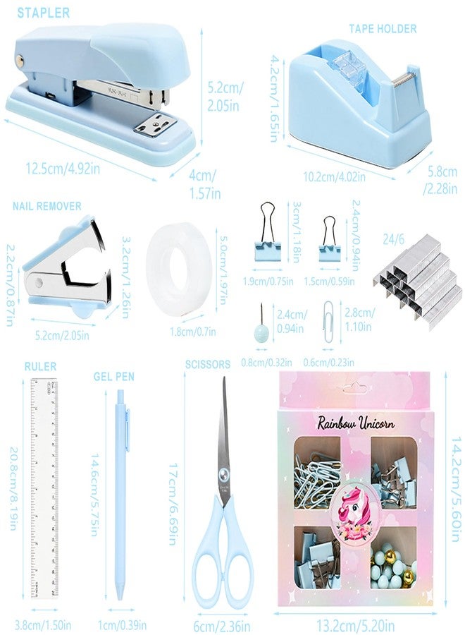 COMFYROOM Desk Accessories with Pen Holder, Office Supplies Desk Organizers and Accessories, Tape Dispenser, Stapler, Staple Remover, Staples, Clips Set, Ruler, Scissor, Pen, Tape (Blue) - Image 4