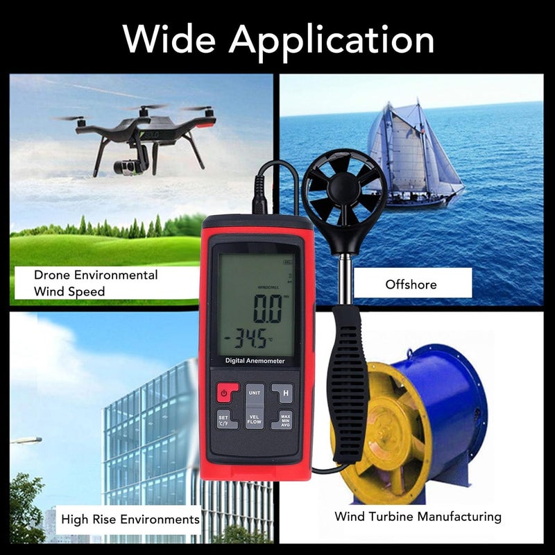 مقياس الرياح الرقمي المحمول لقياس سرعة الهواء وتدفق الهواء مع شاشة LCD لدرجة الحرارة ومقياس CFM - Image 5