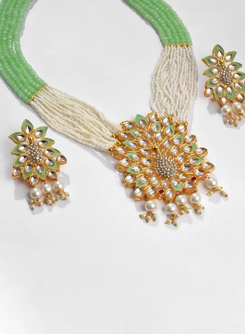 SOHI White & Green Stone-Studded & Pearl Beaded Artificial Jewellery Set