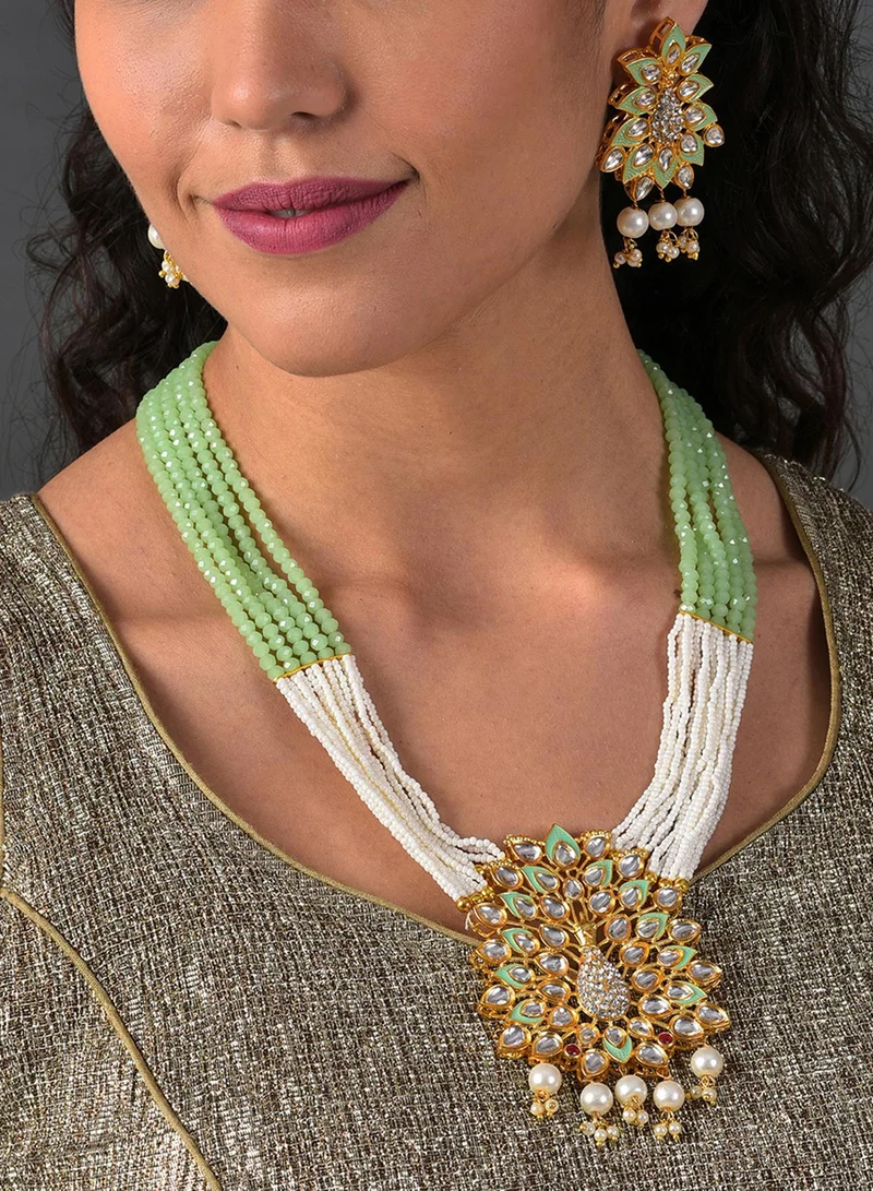 SOHI White & Green Stone-Studded & Pearl Beaded Artificial Jewellery Set