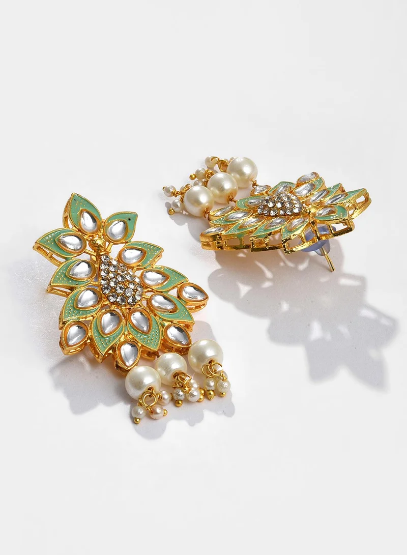 SOHI White & Green Stone-Studded & Pearl Beaded Artificial Jewellery Set
