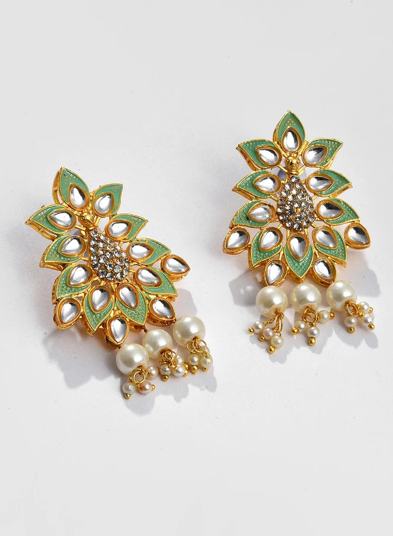 SOHI White & Green Stone-Studded & Pearl Beaded Artificial Jewellery Set