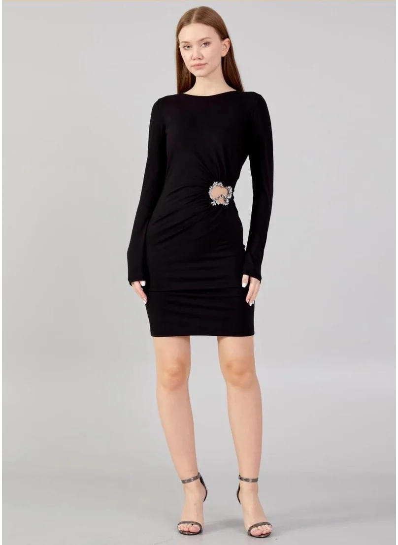 Modatalika Women's Mini Stone Detailed Long Sleeve Stylish Mini Dress