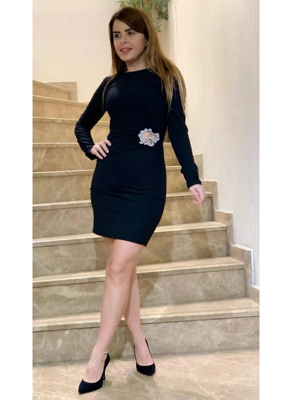 Modatalika Women's Mini Stone Detailed Long Sleeve Stylish Mini Dress